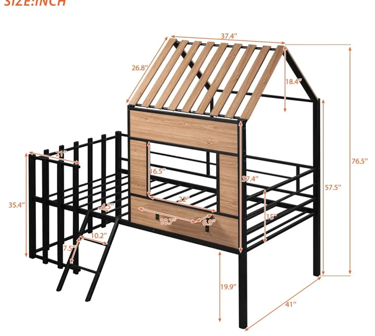 Twin Size Loft Bed With Roof, Window, Guardrail, Ladder