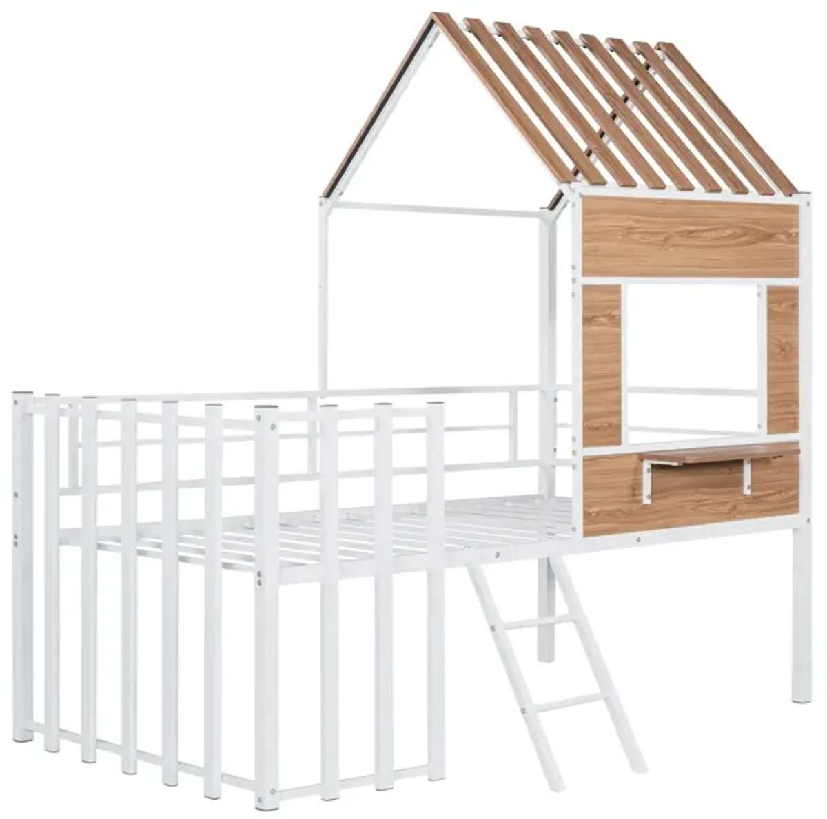 Twin Size Loft Bed With Roof, Window, Guardrail, Ladder