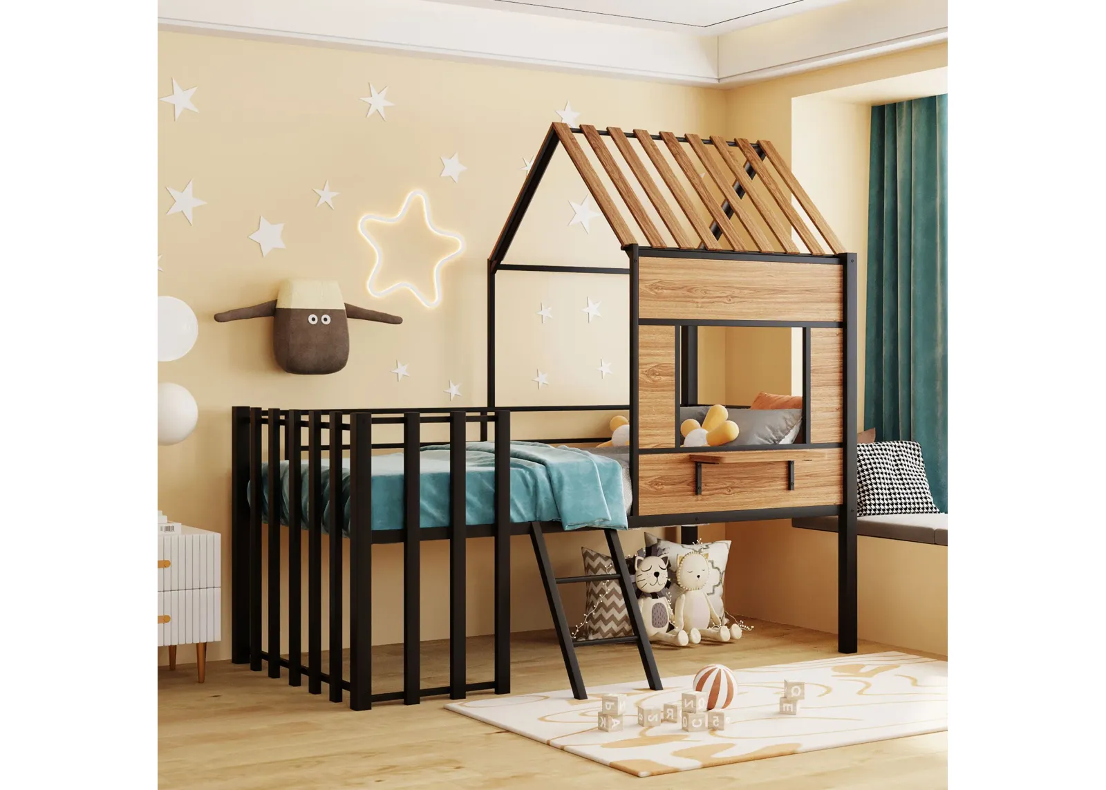 Twin Size Loft Bed With Roof, Window, Guardrail, Ladder