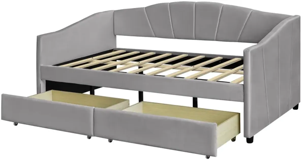 Upholstered Daybed With Two Drawers And Wood Slat