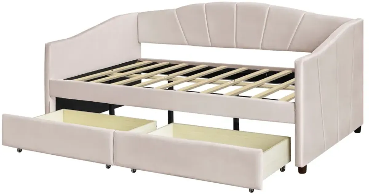 Upholstered Daybed With Two Drawers And Wood Slat