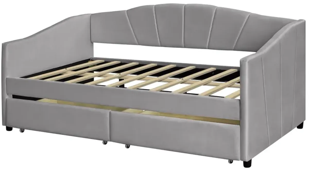 Upholstered Daybed With Two Drawers And Wood Slat