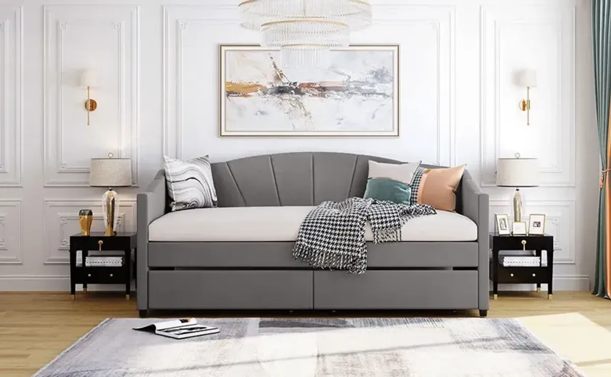 Upholstered Daybed With Two Drawers And Wood Slat