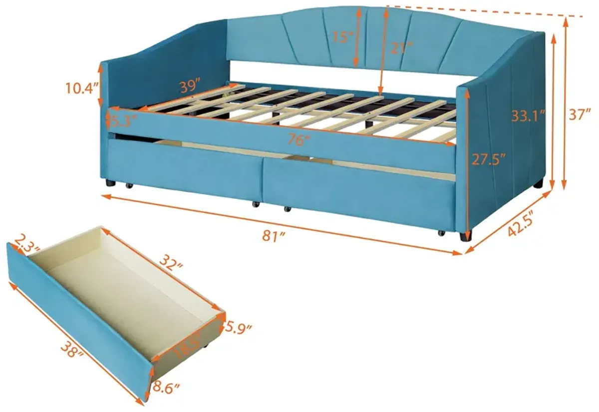 Upholstered Daybed With Two Drawers And Wood Slat