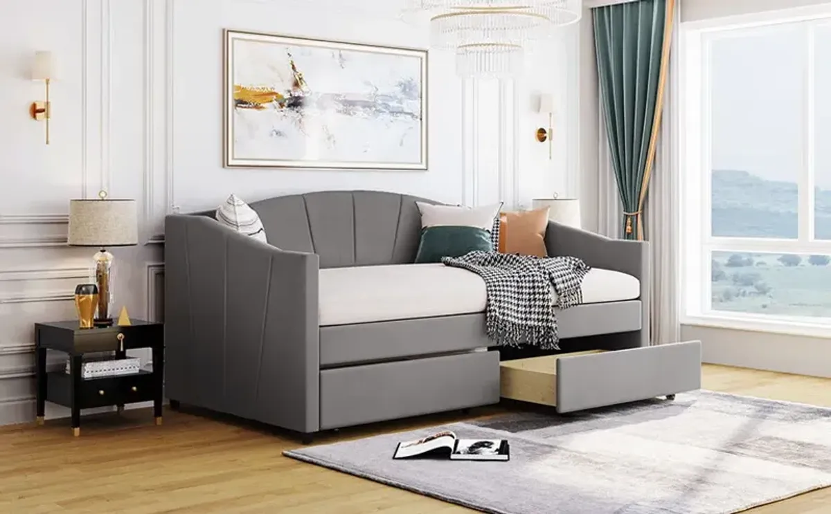 Upholstered Daybed With Two Drawers And Wood Slat