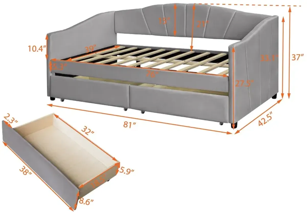 Upholstered Daybed With Two Drawers And Wood Slat