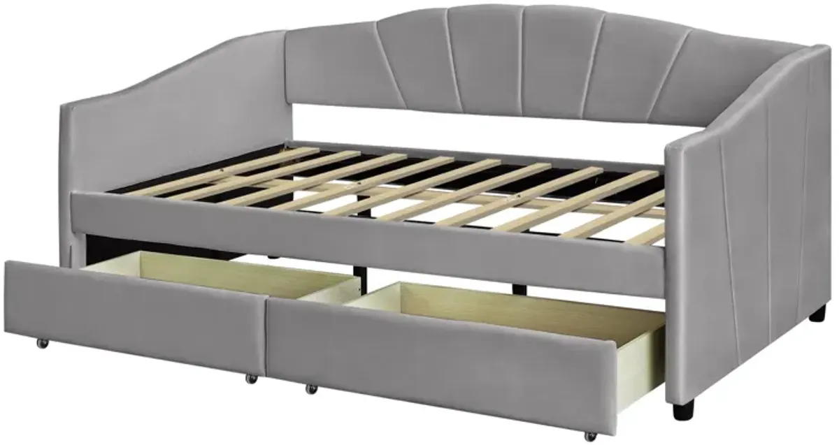 Upholstered Daybed With Two Drawers And Wood Slat