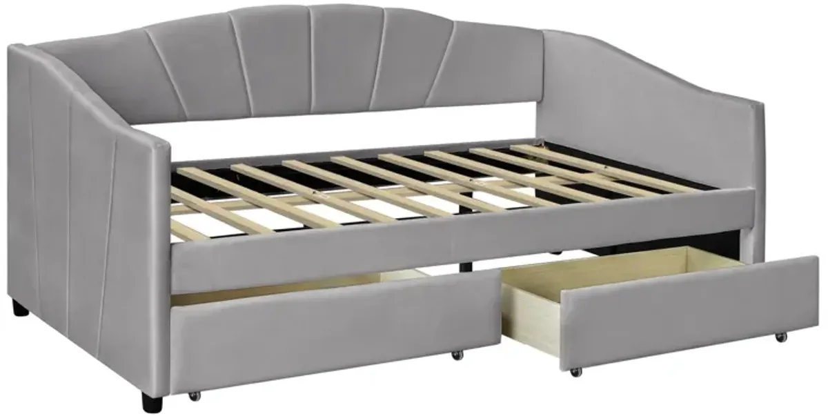 Upholstered Daybed With Two Drawers And Wood Slat