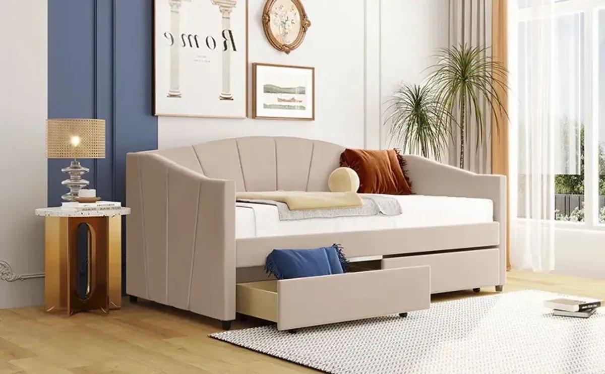 Upholstered Daybed With Two Drawers And Wood Slat