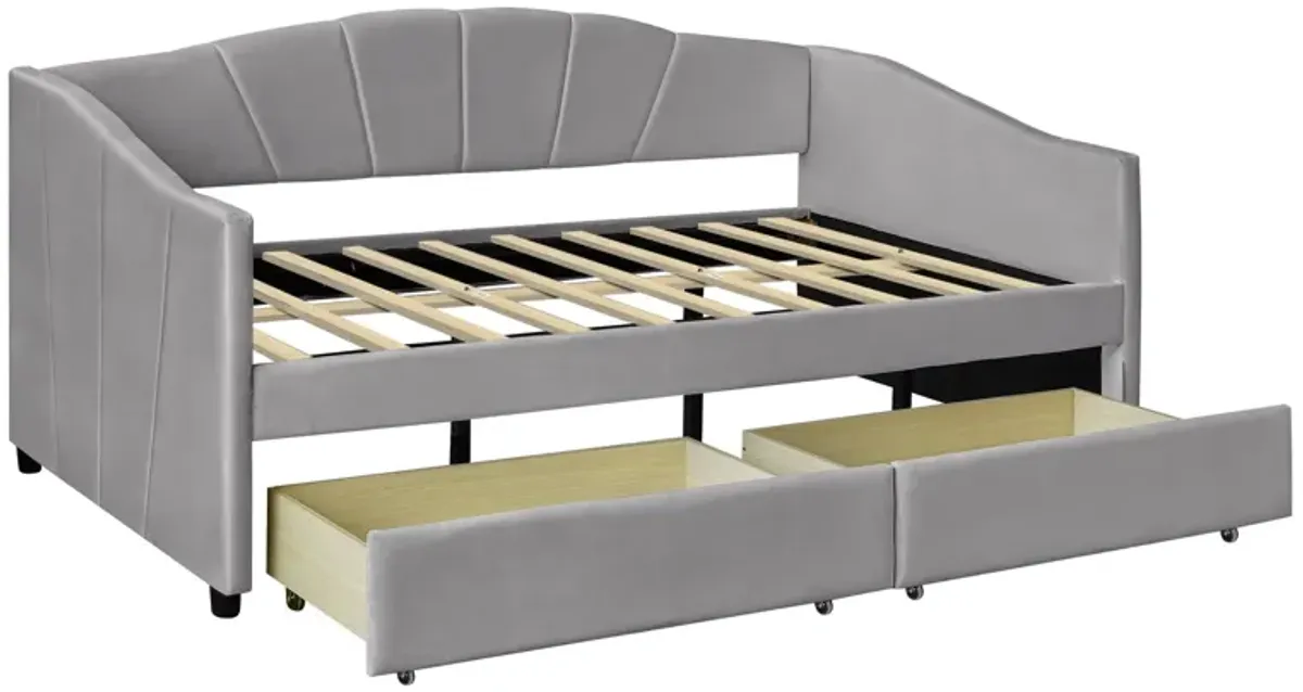 Upholstered Daybed With Two Drawers And Wood Slat