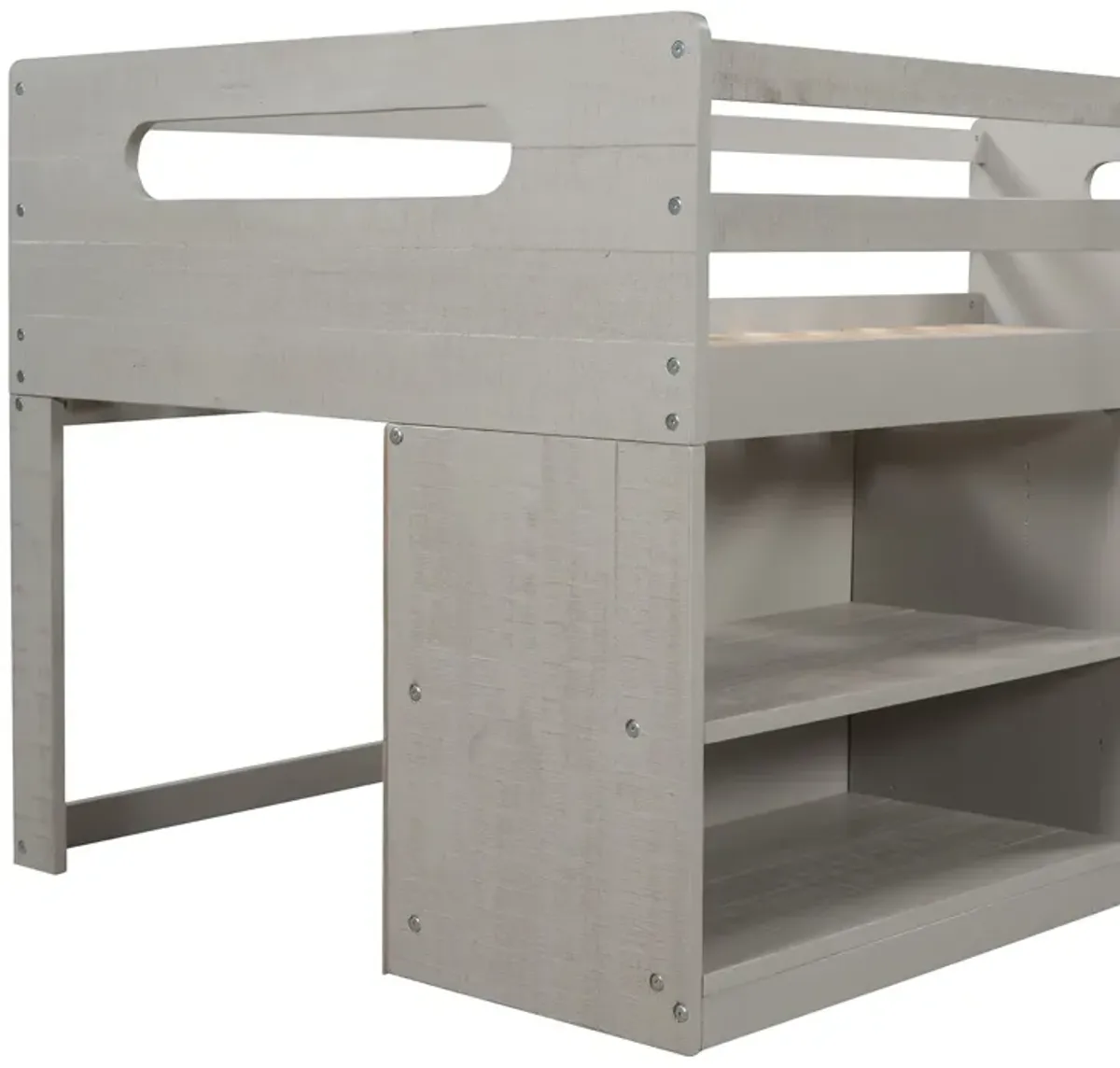 Twin Size Loft Bed With Two Shelves And Two Drawers