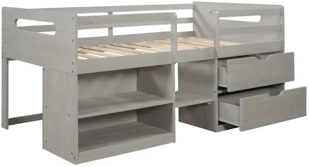 Twin Size Loft Bed With Two Shelves And Two Drawers