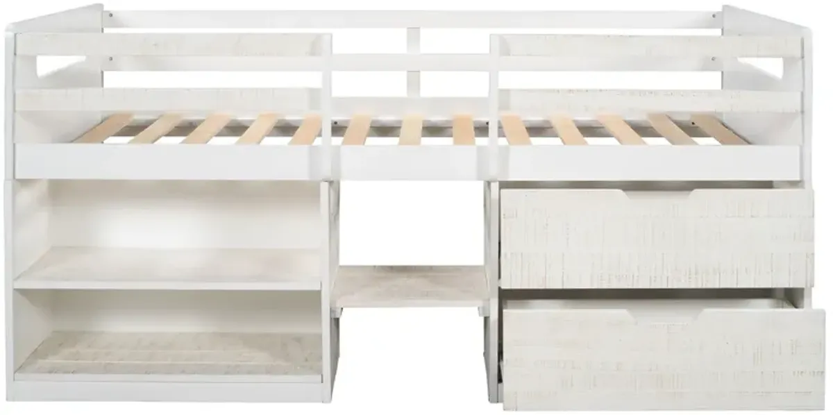 Twin Size Loft Bed With Two Shelves And Two Drawers