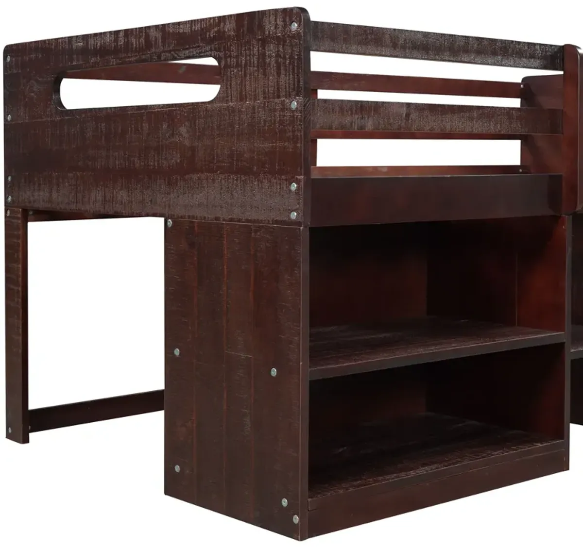 Twin Size Loft Bed With Two Shelves And Two Drawers