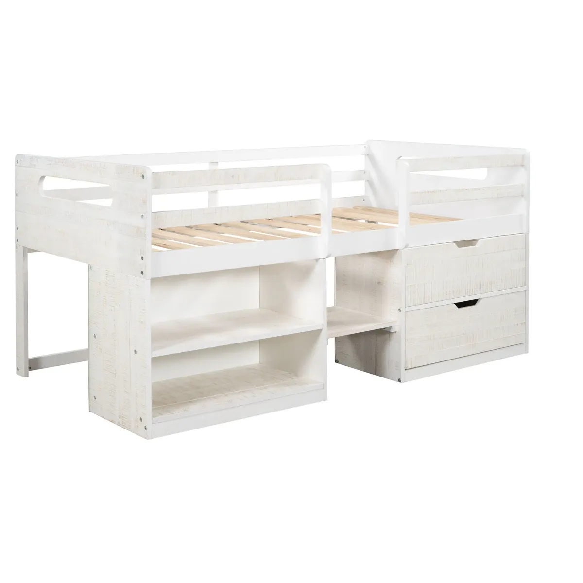 Twin Size Loft Bed With Two Shelves And Two Drawers