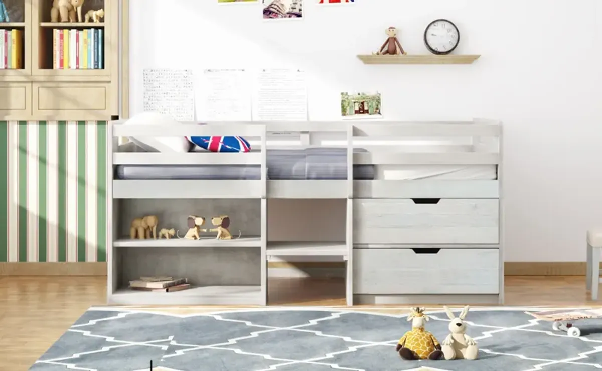 Twin Size Loft Bed With Two Shelves And Two Drawers