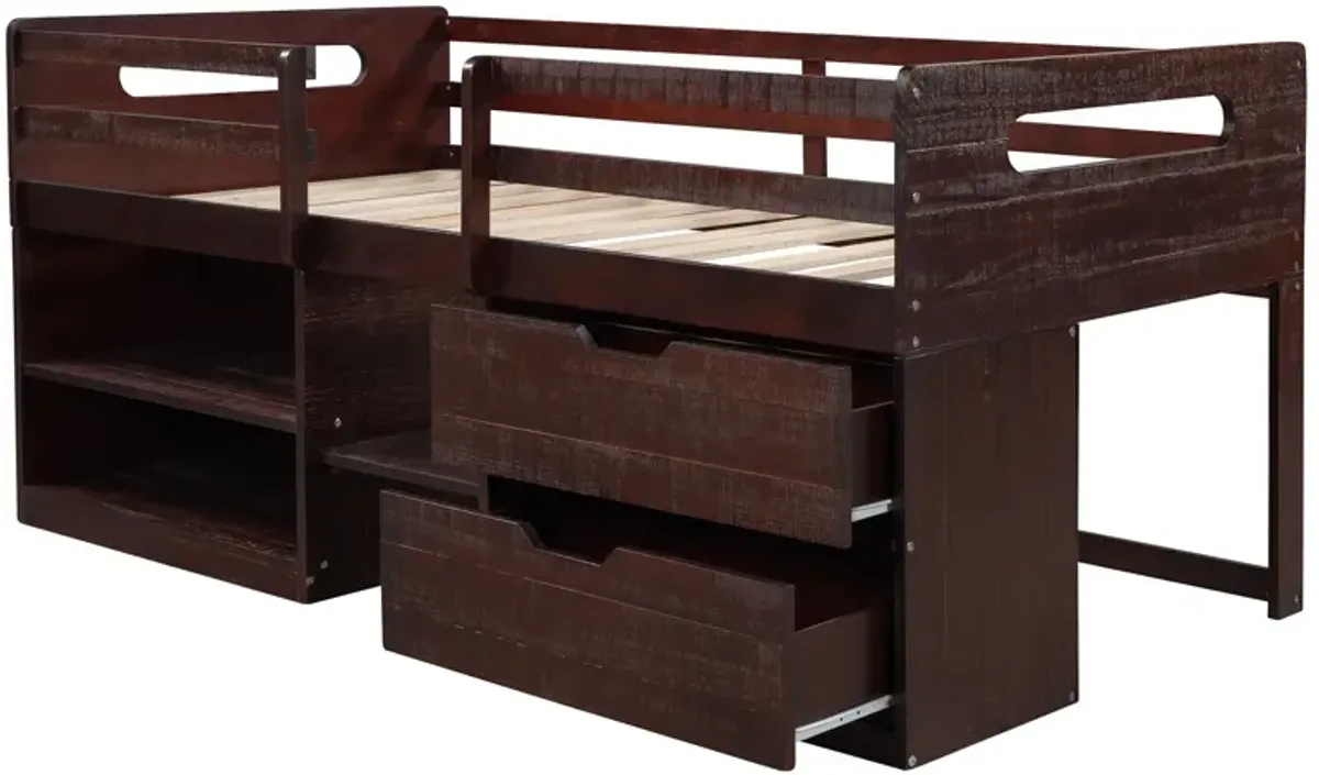 Twin Size Loft Bed With Two Shelves And Two Drawers