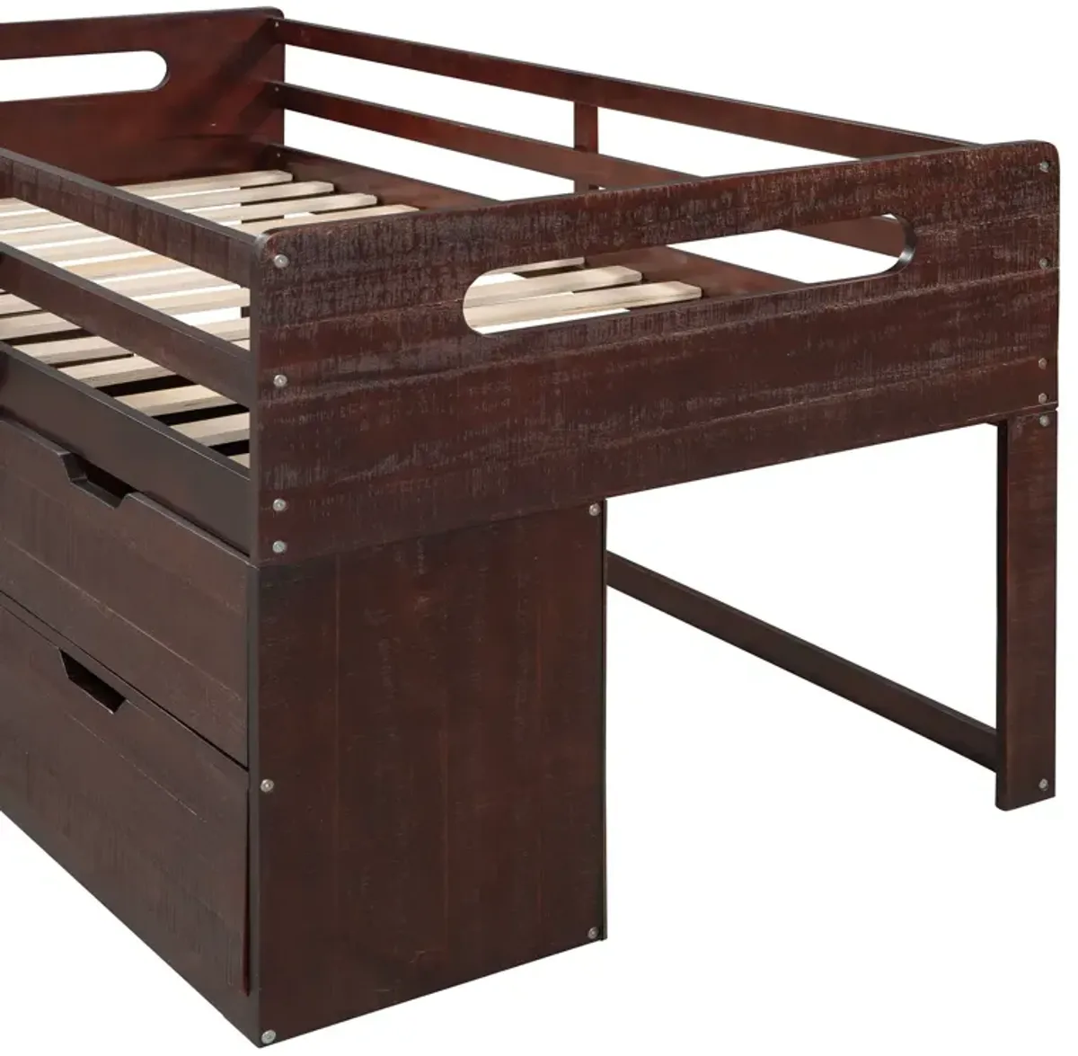 Twin Size Loft Bed With Two Shelves And Two Drawers