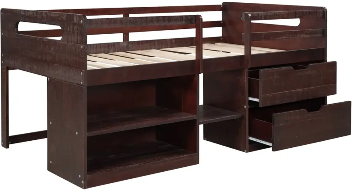 Twin Size Loft Bed With Two Shelves And Two Drawers