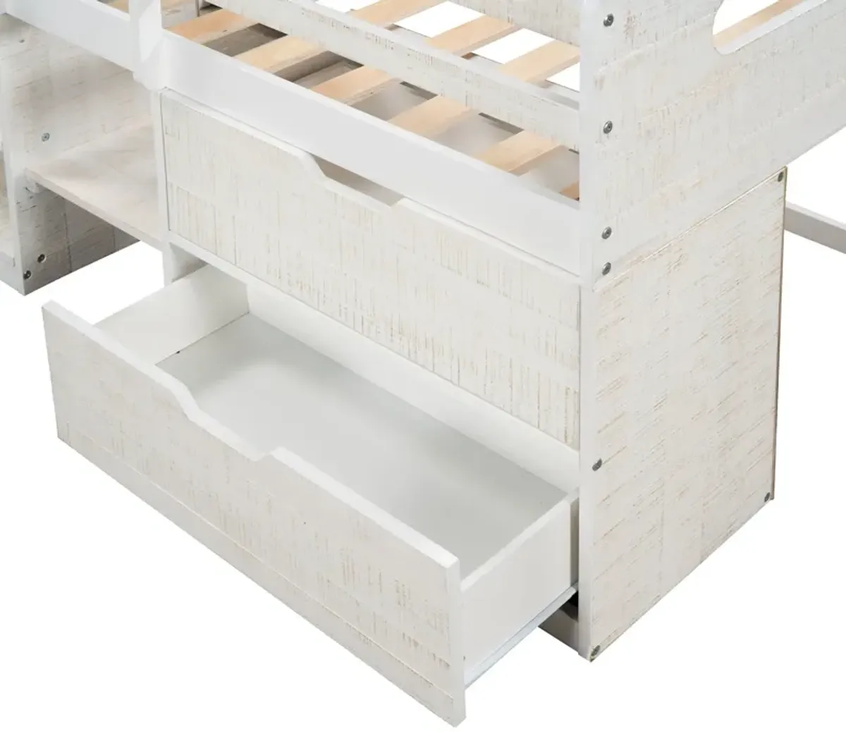 Twin Size Loft Bed With Two Shelves And Two Drawers