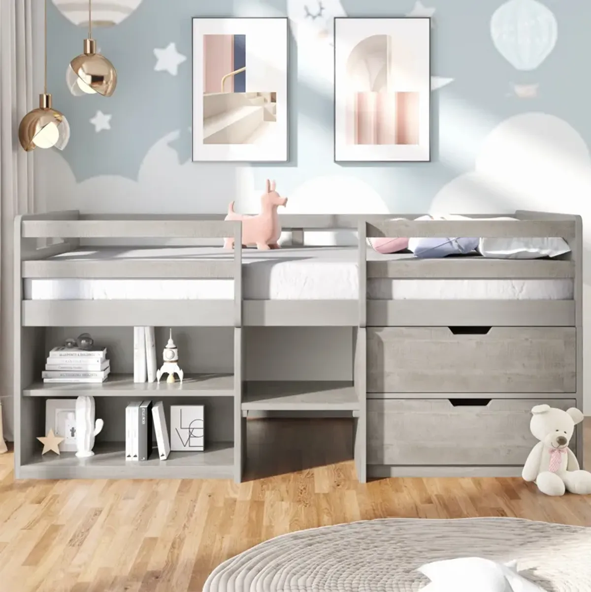 Twin Size Loft Bed With Two Shelves And Two Drawers