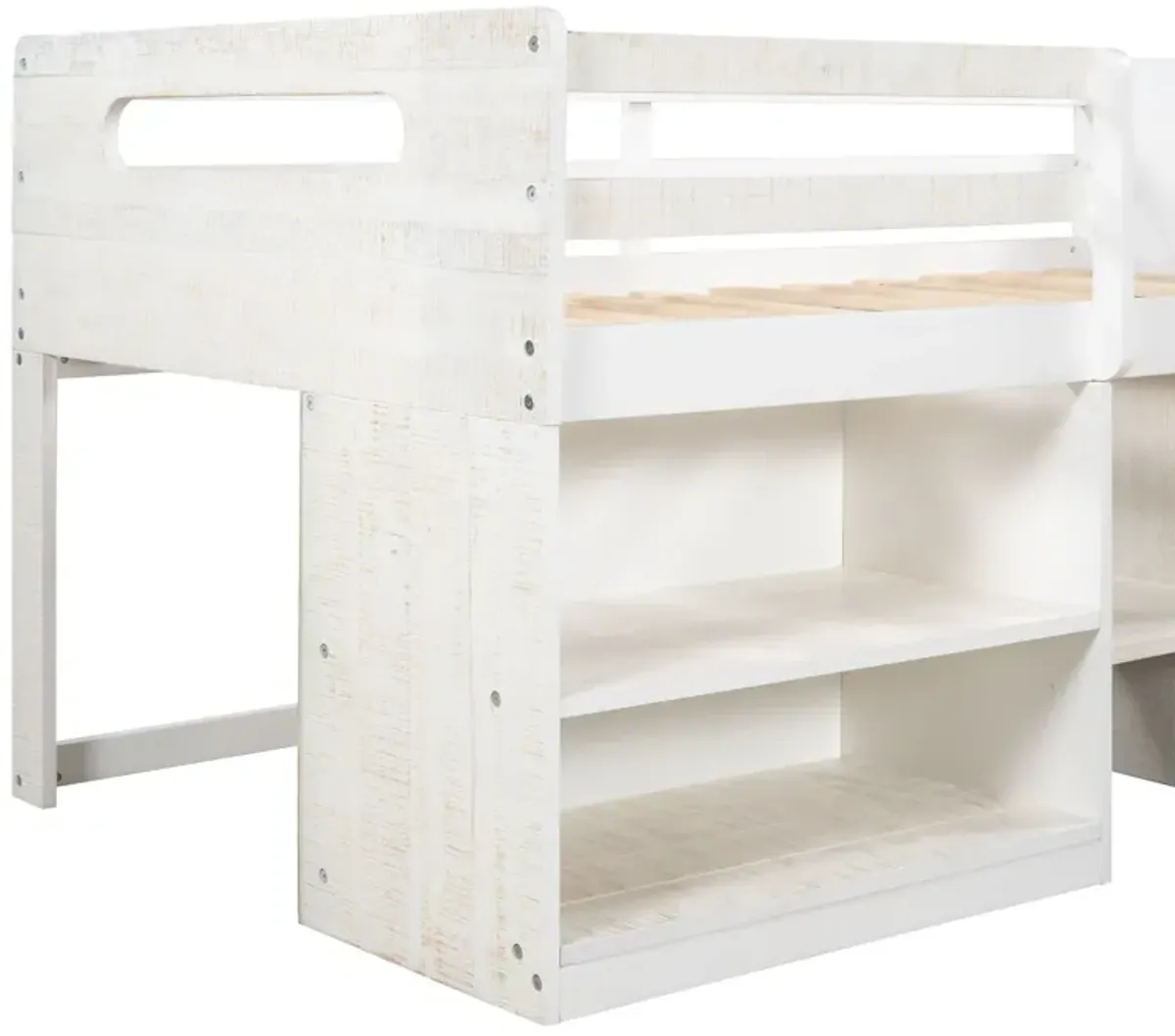 Twin Size Loft Bed With Two Shelves And Two Drawers