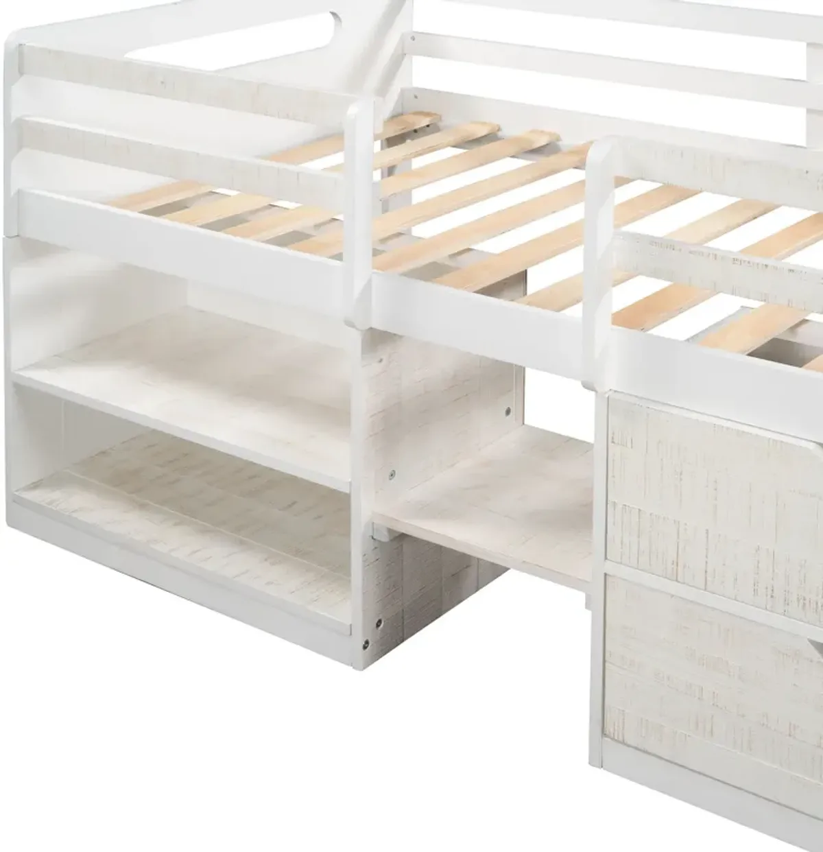 Twin Size Loft Bed With Two Shelves And Two Drawers