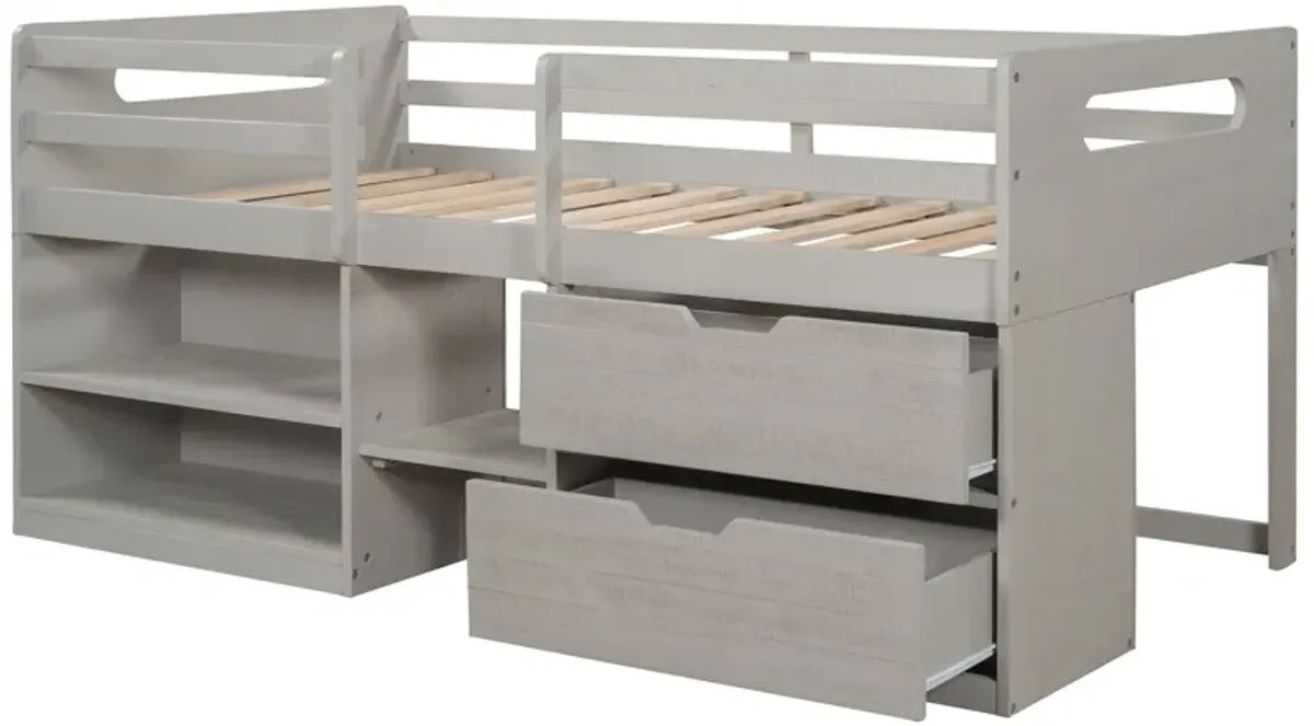 Twin Size Loft Bed With Two Shelves And Two Drawers