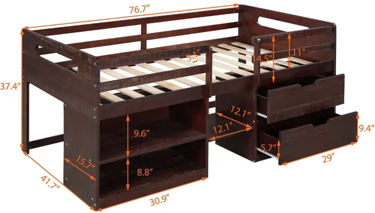 Twin Size Loft Bed With Two Shelves And Two Drawers