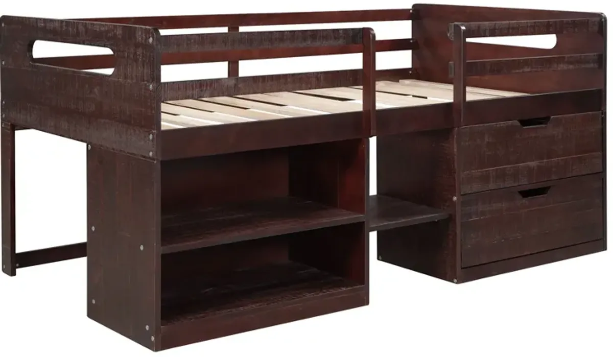 Twin Size Loft Bed With Two Shelves And Two Drawers