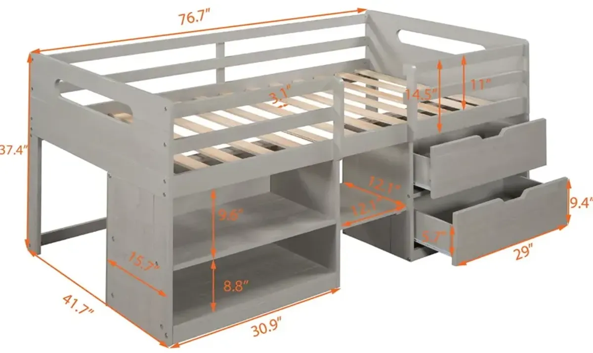 Twin Size Loft Bed With Two Shelves And Two Drawers