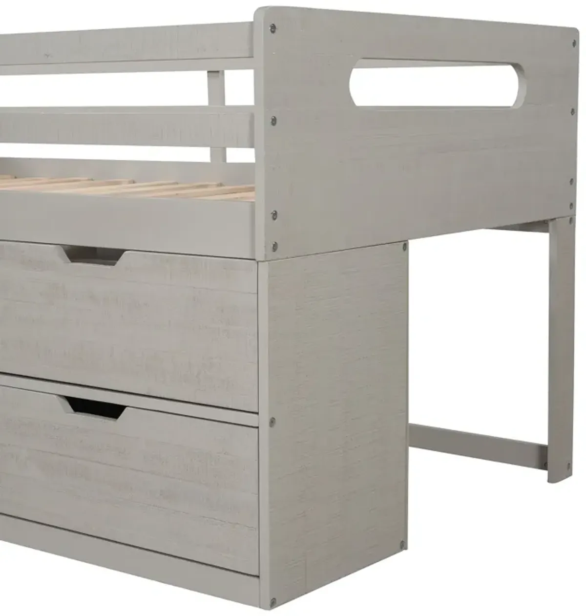 Twin Size Loft Bed With Two Shelves And Two Drawers