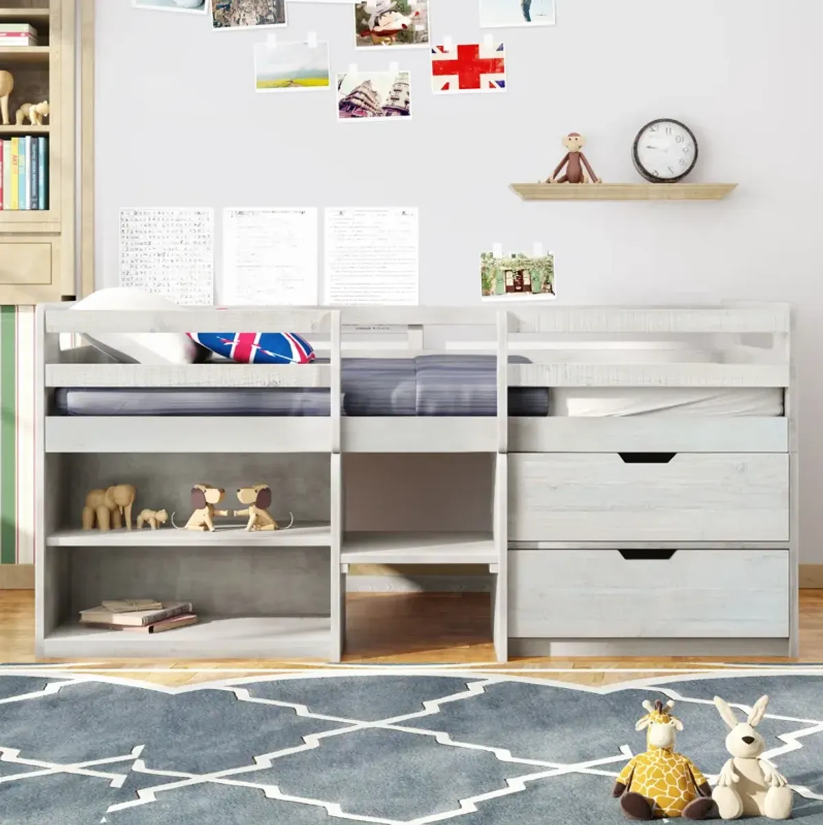 Twin Size Loft Bed With Two Shelves And Two Drawers