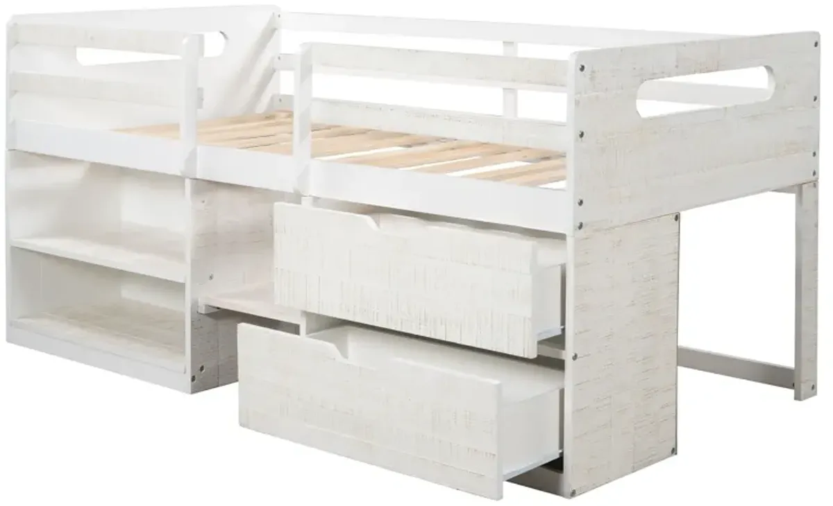 Twin Size Loft Bed With Two Shelves And Two Drawers