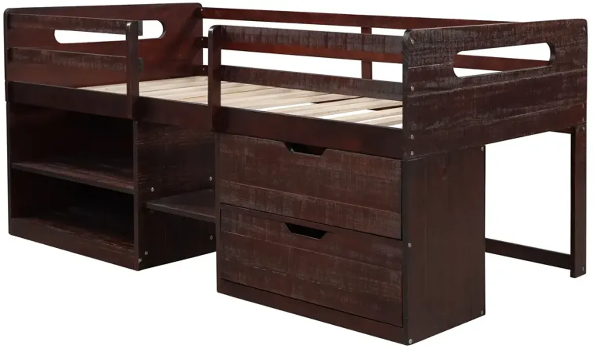 Twin Size Loft Bed With Two Shelves And Two Drawers