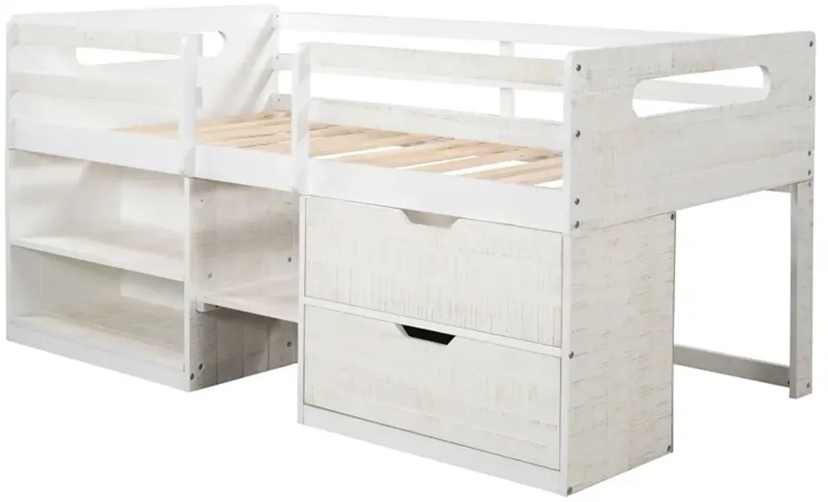 Twin Size Loft Bed With Two Shelves And Two Drawers