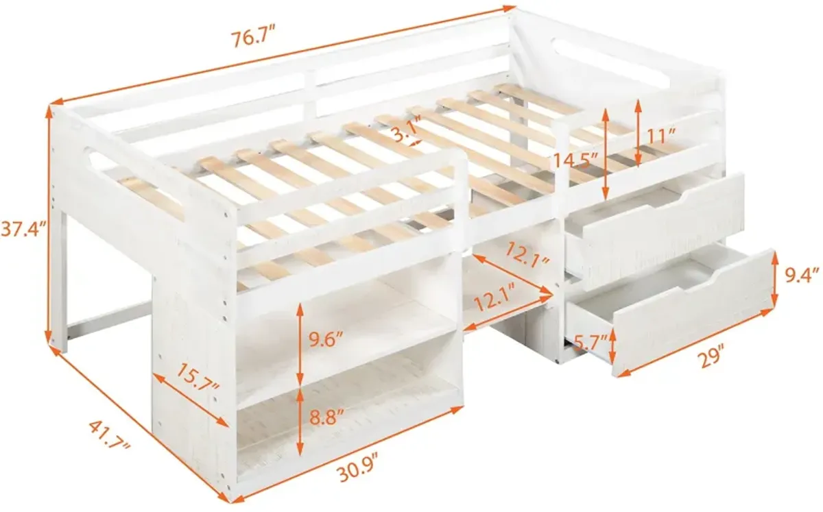 Twin Size Loft Bed With Two Shelves And Two Drawers