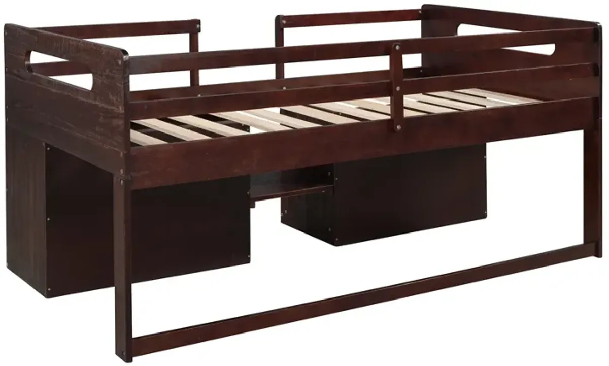 Twin Size Loft Bed With Two Shelves And Two Drawers