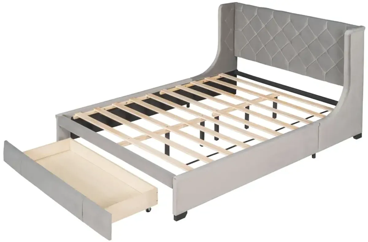 Queen Size Storage Bed Velvet Upholstered Platform Bed With Wingback Headboard And A Big Drawer