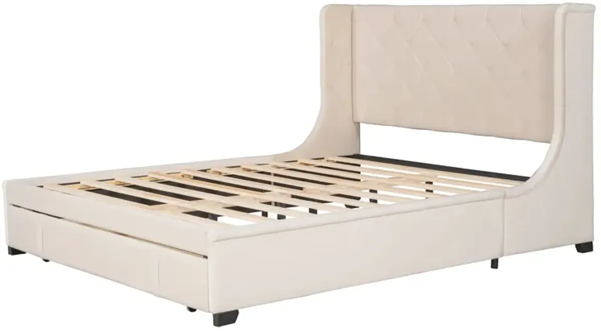 Queen Size Storage Bed Velvet Upholstered Platform Bed With Wingback Headboard And A Big Drawer