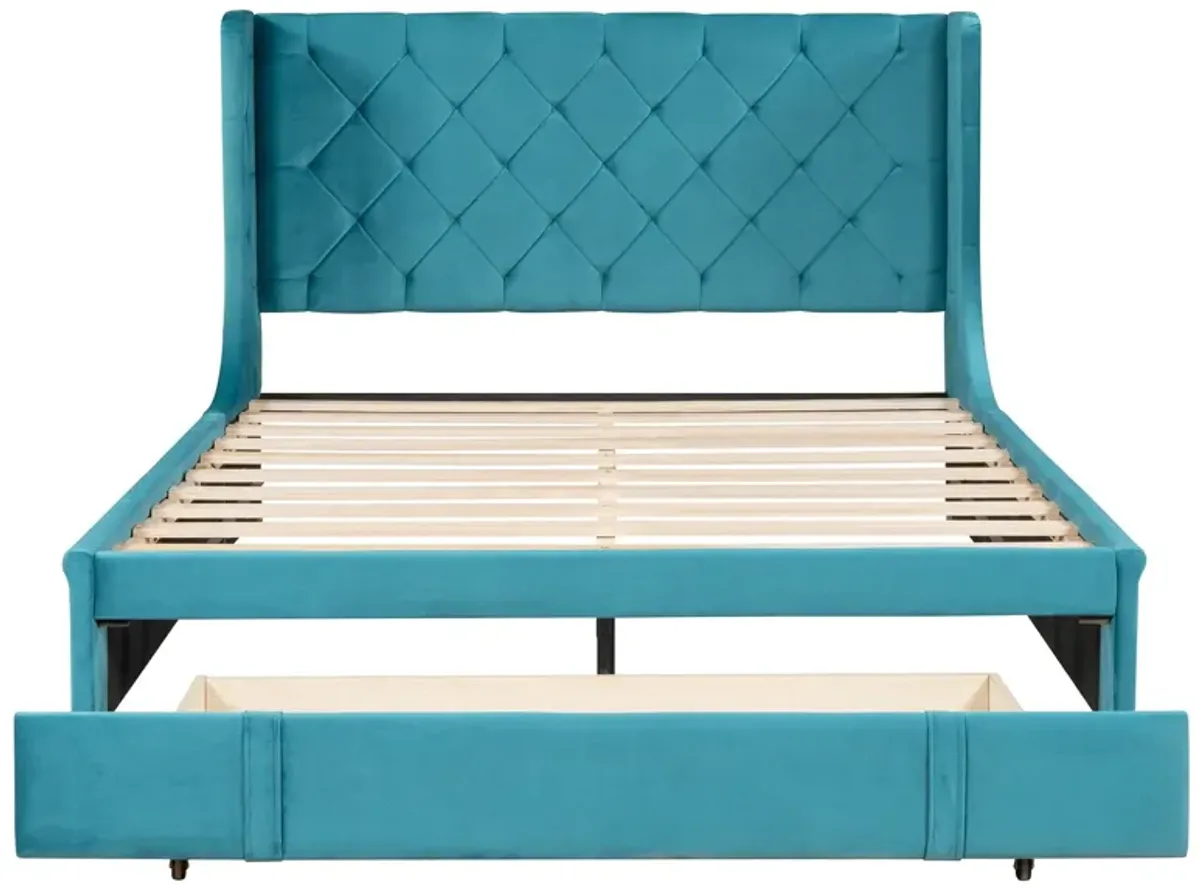 Queen Size Storage Bed Velvet Upholstered Platform Bed With Wingback Headboard And A Big Drawer