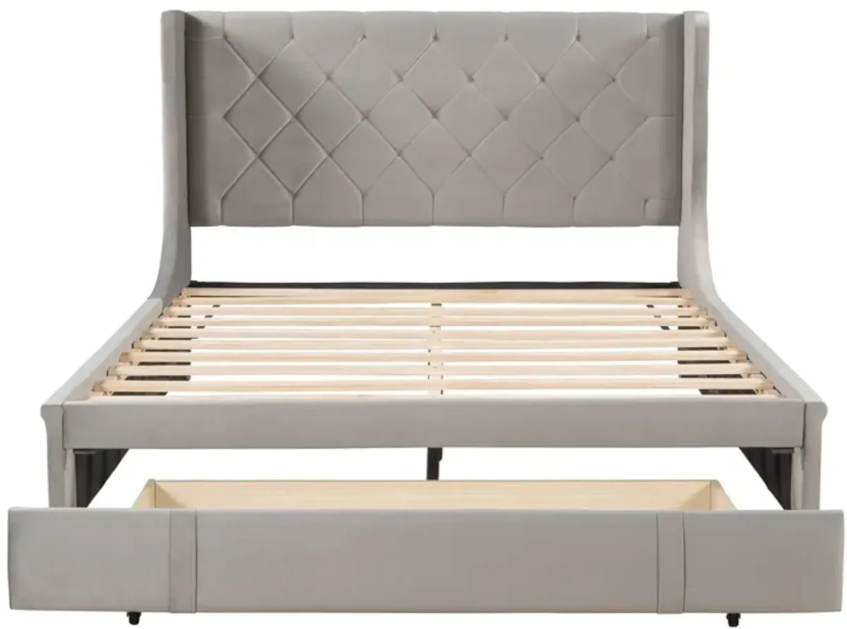 Queen Size Storage Bed Velvet Upholstered Platform Bed With Wingback Headboard And A Big Drawer