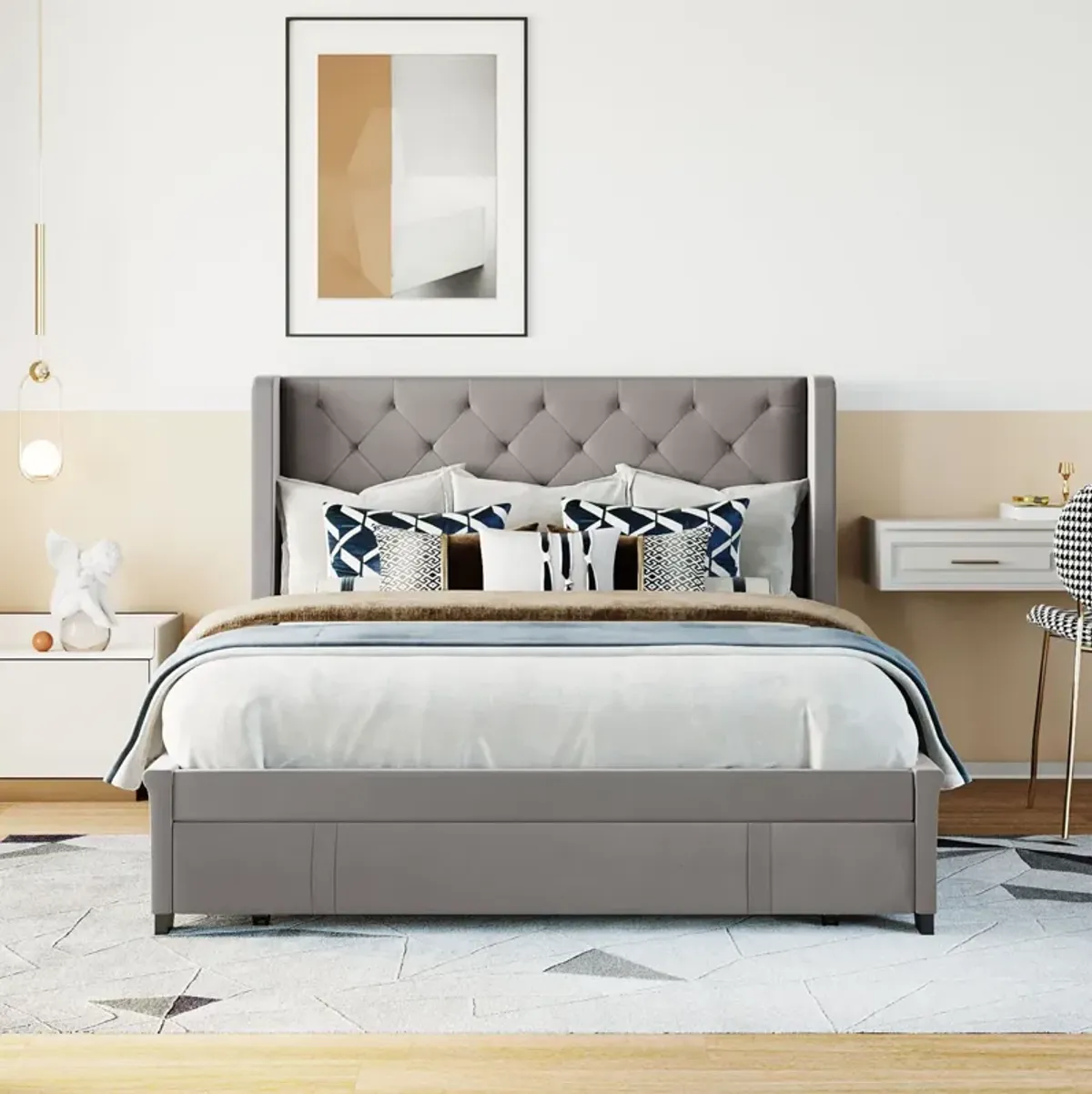 Queen Size Storage Bed Velvet Upholstered Platform Bed With Wingback Headboard And A Big Drawer