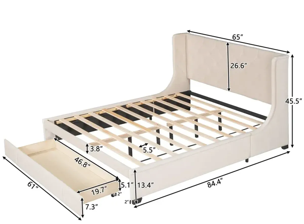 Queen Size Storage Bed Velvet Upholstered Platform Bed With Wingback Headboard And A Big Drawer