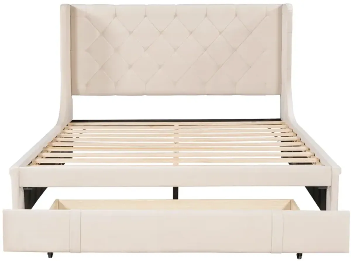 Queen Size Storage Bed Velvet Upholstered Platform Bed With Wingback Headboard And A Big Drawer