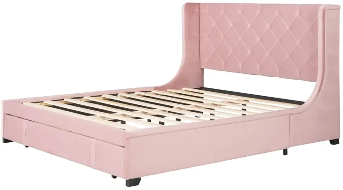 Queen Size Storage Bed Velvet Upholstered Platform Bed With Wingback Headboard And A Big Drawer