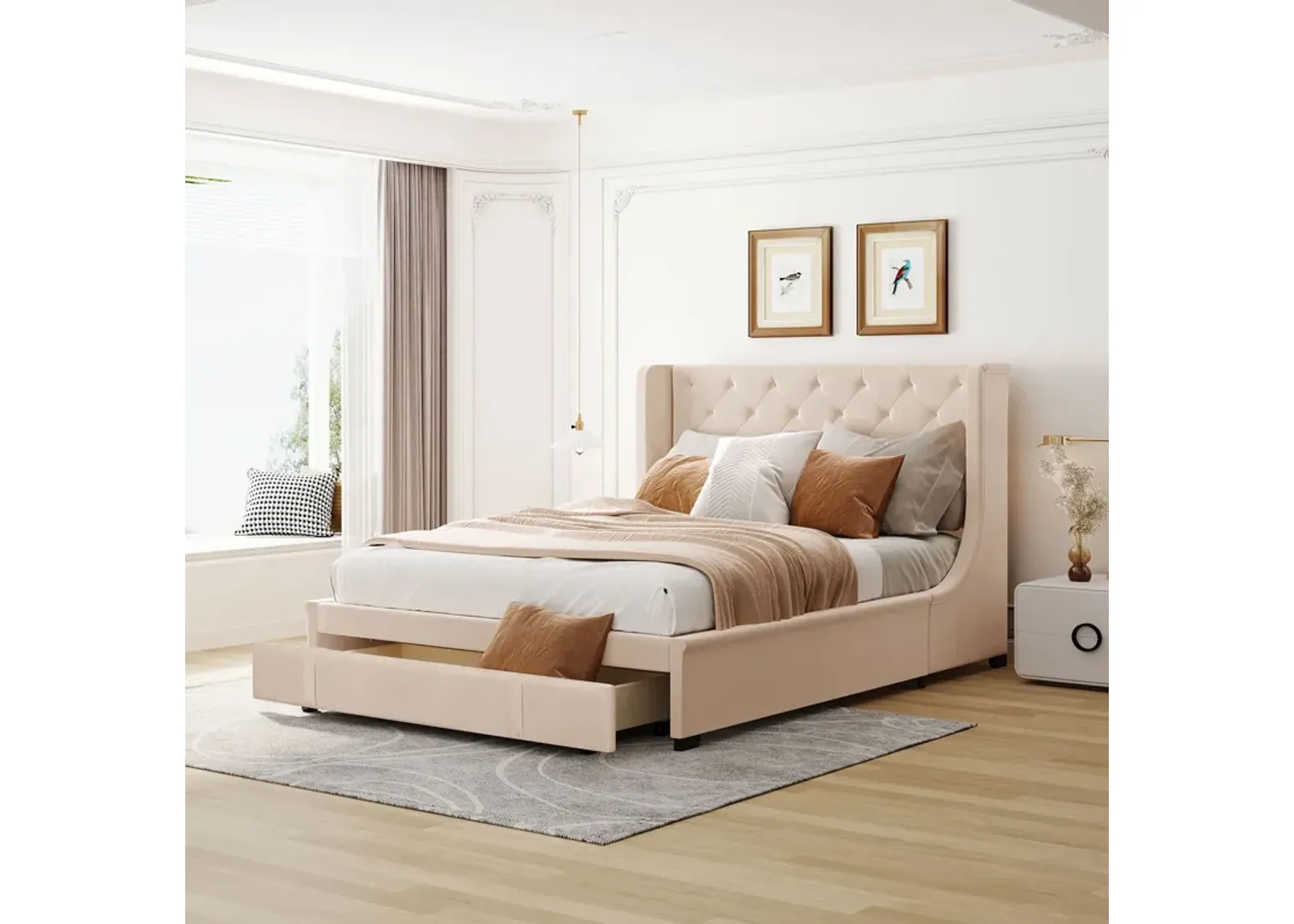 Queen Size Storage Bed Velvet Upholstered Platform Bed With Wingback Headboard And A Big Drawer