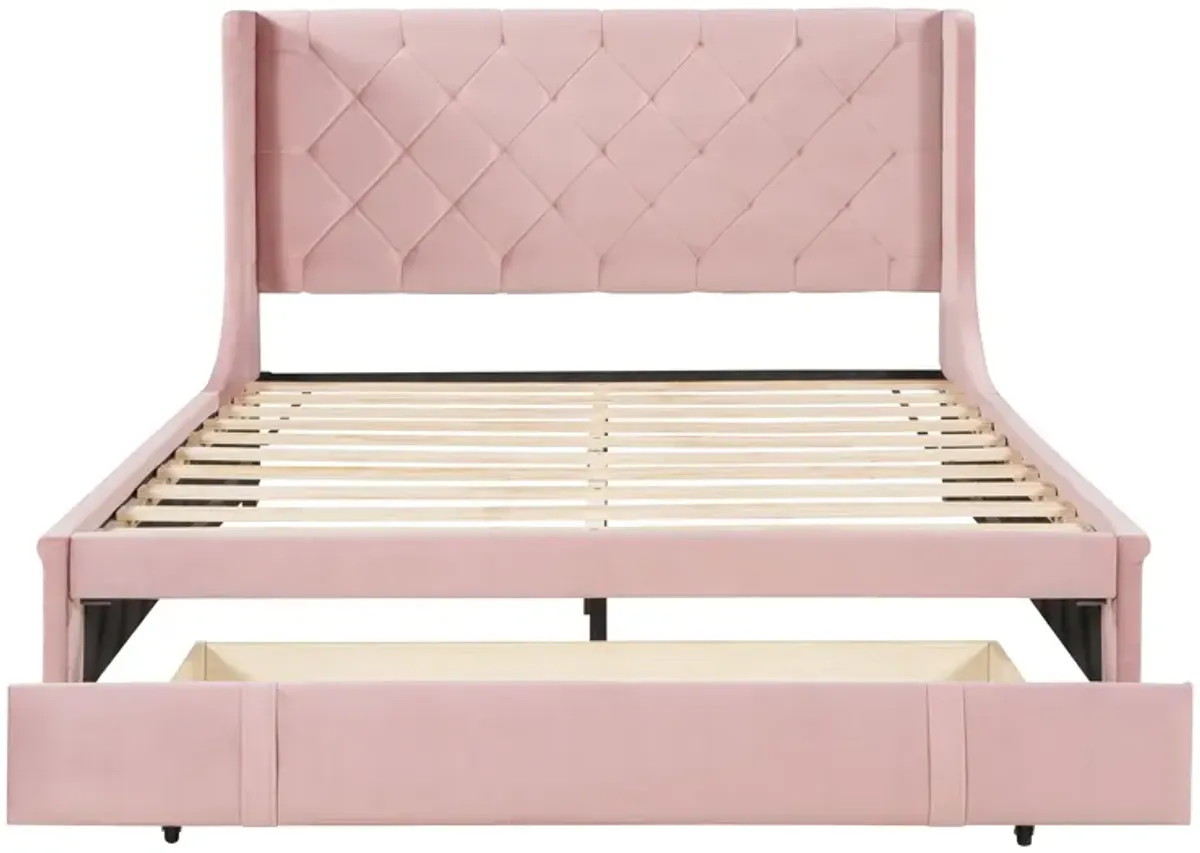 Queen Size Storage Bed Velvet Upholstered Platform Bed With Wingback Headboard And A Big Drawer