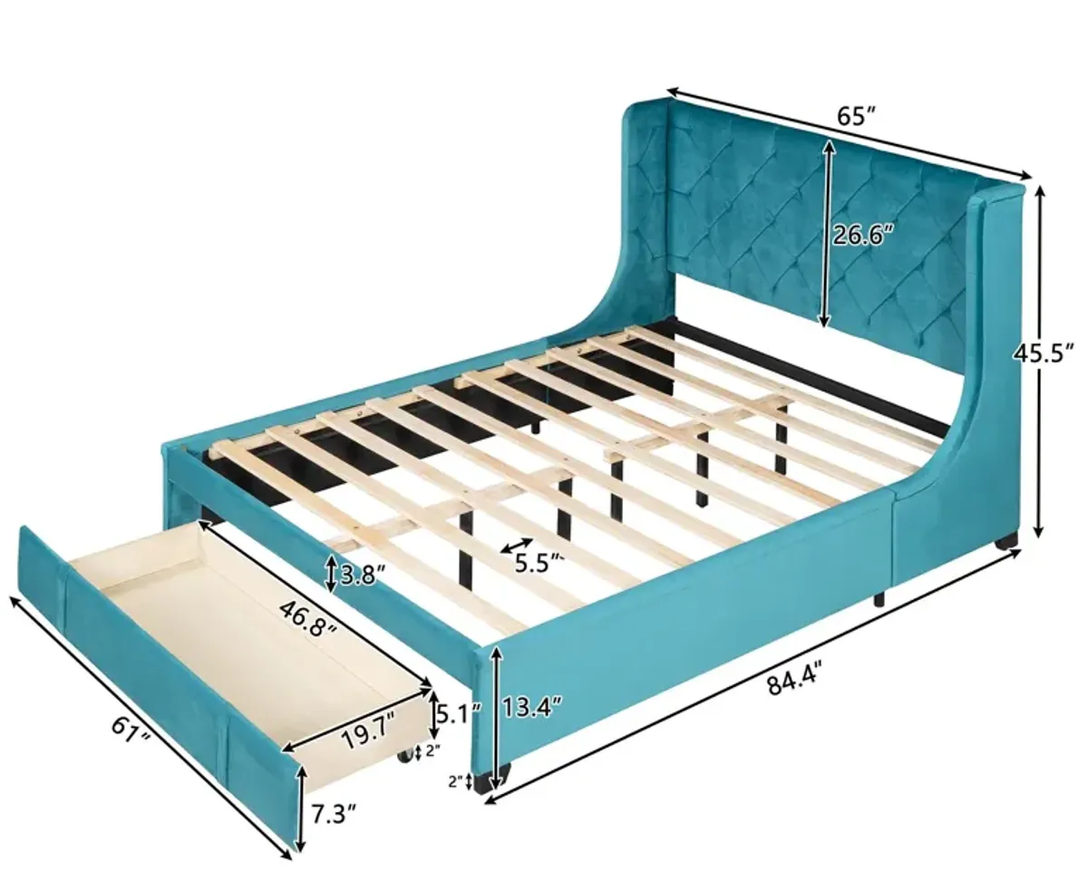 Queen Size Storage Bed Velvet Upholstered Platform Bed With Wingback Headboard And A Big Drawer