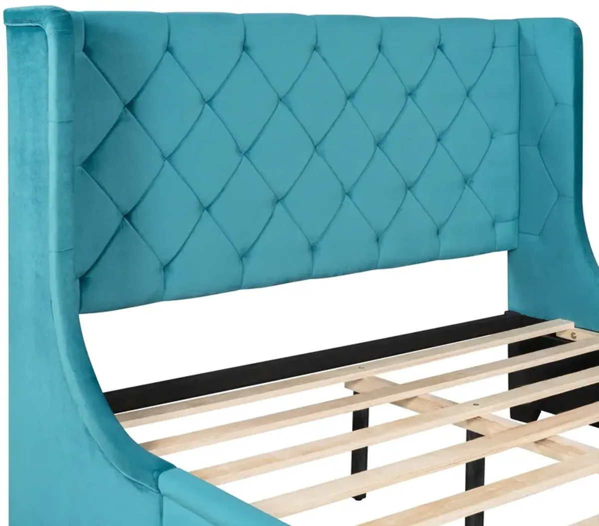 Queen Size Storage Bed Velvet Upholstered Platform Bed With Wingback Headboard And A Big Drawer